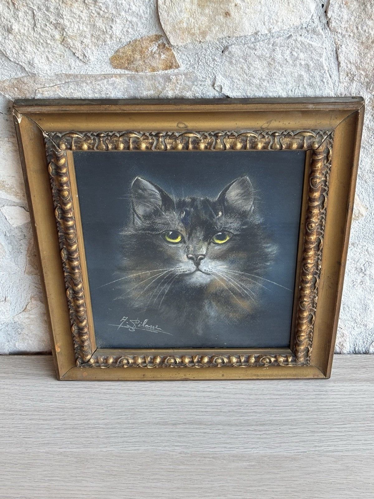 Quadro antico -Figura Gatto- pastello su carta