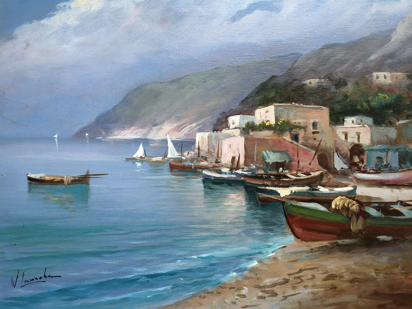 Quadro vintage -Marina Con Barche- dipinto a olio