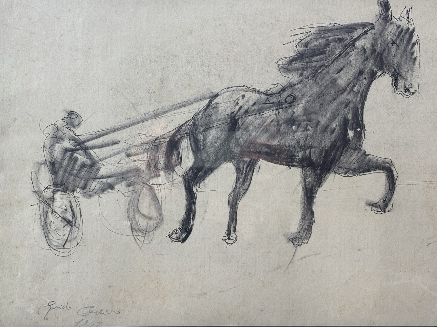 Quadro -Calesse Con Cavallo- Guido Casciaro disegno su carta