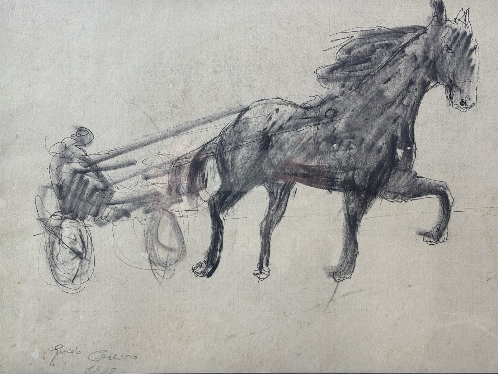 Quadro -Calesse Con Cavallo- Guido Casciaro disegno su carta