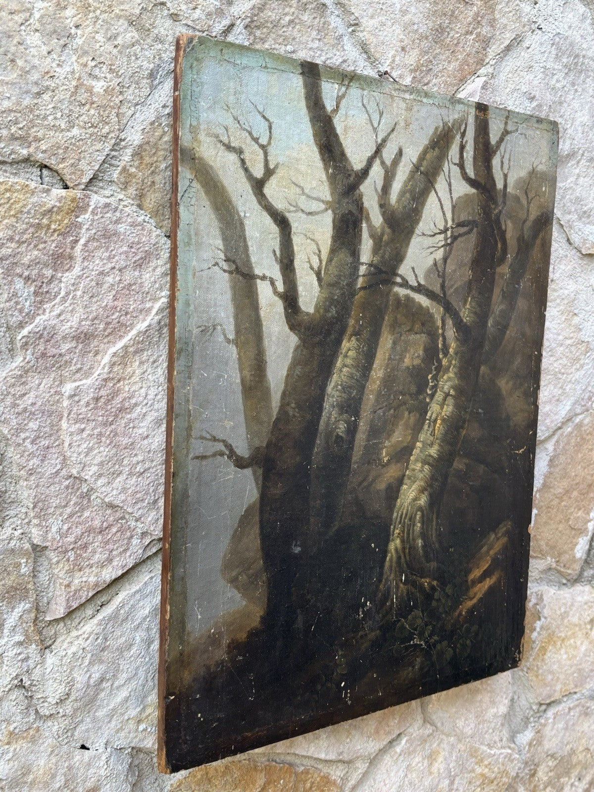 Quadro antico -Paesaggio Con Alberi- dipinto a olio su tavola