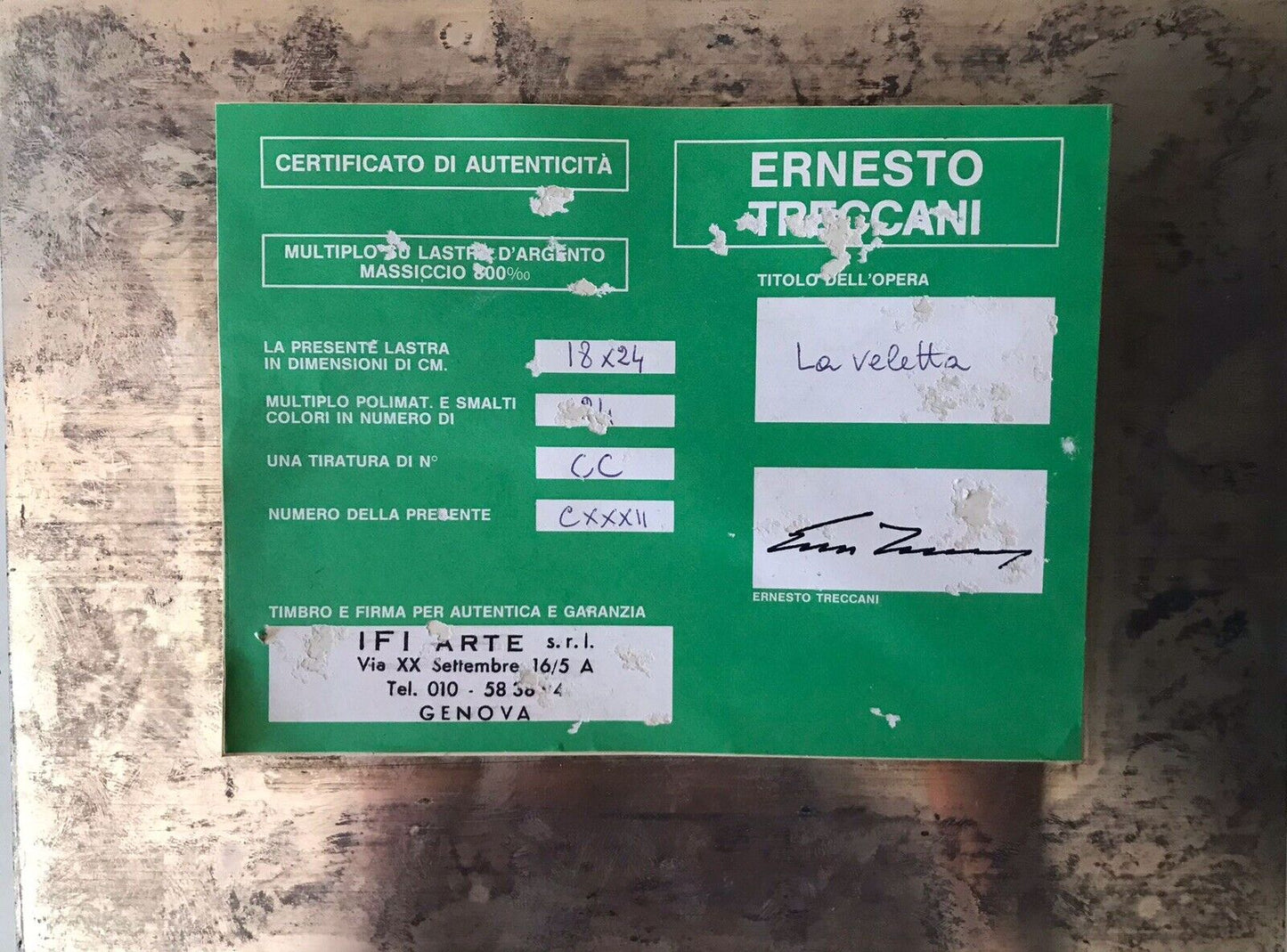 Quadro Ernesto Treccani serigrafia su lastra argento 800 vintage
