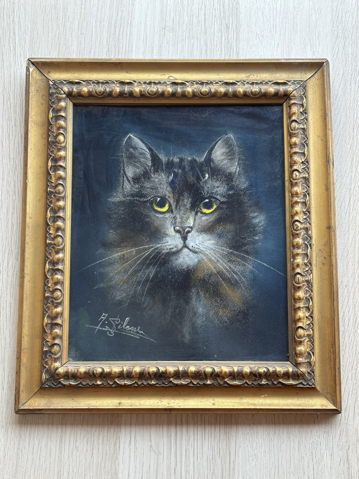 Quadro antico -Figura Gatto- pastello su carta