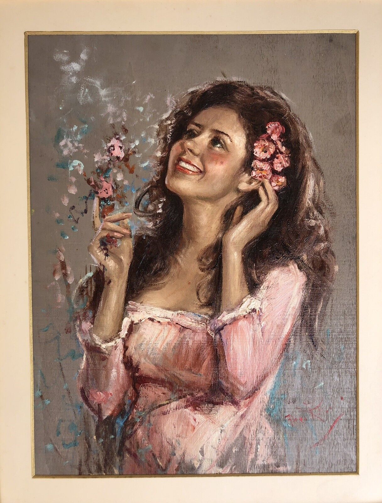 Quadro vintage -Fanciulla tra i fiori-dipinto a olio su tavola