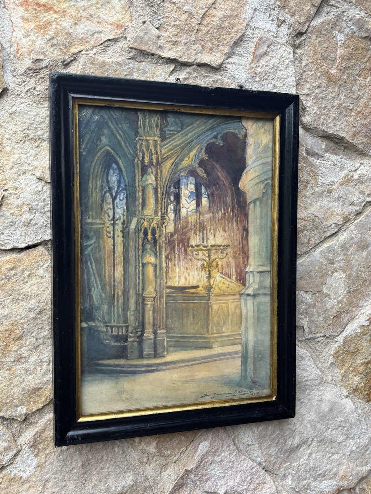 Quadro antico -Cattedrale- dipinto ad acquerello su carta