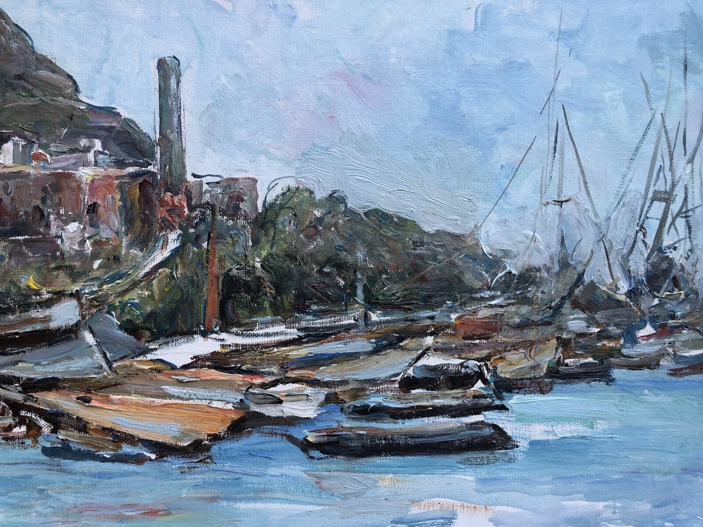 Quadro vintage -Marina Con Barche- dipinto a olio