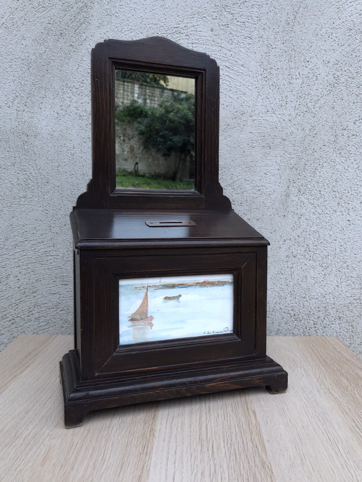 Specchiera in legno vintage con dipinto su cartoncino