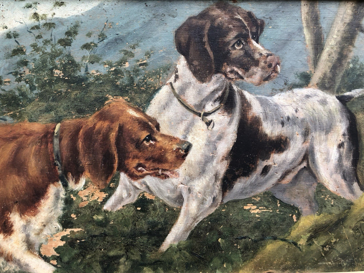 Quadro antico -Cani Da Caccia- dipinto a olio su tavola