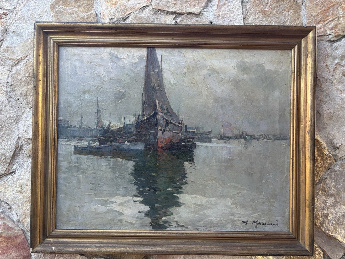 Quadro -Marina Con Barche- dipinto a olio su tela