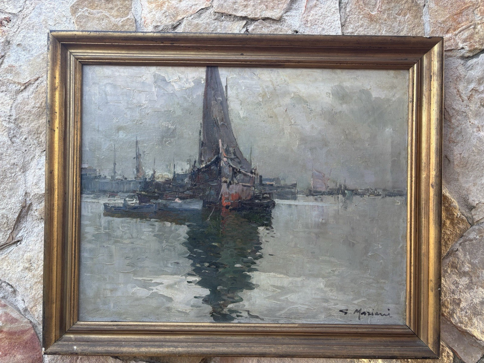 Quadro -Marina Con Barche- dipinto a olio su tela