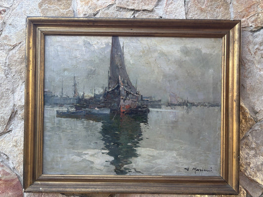Quadro -Marina Con Barche- dipinto a olio su tela