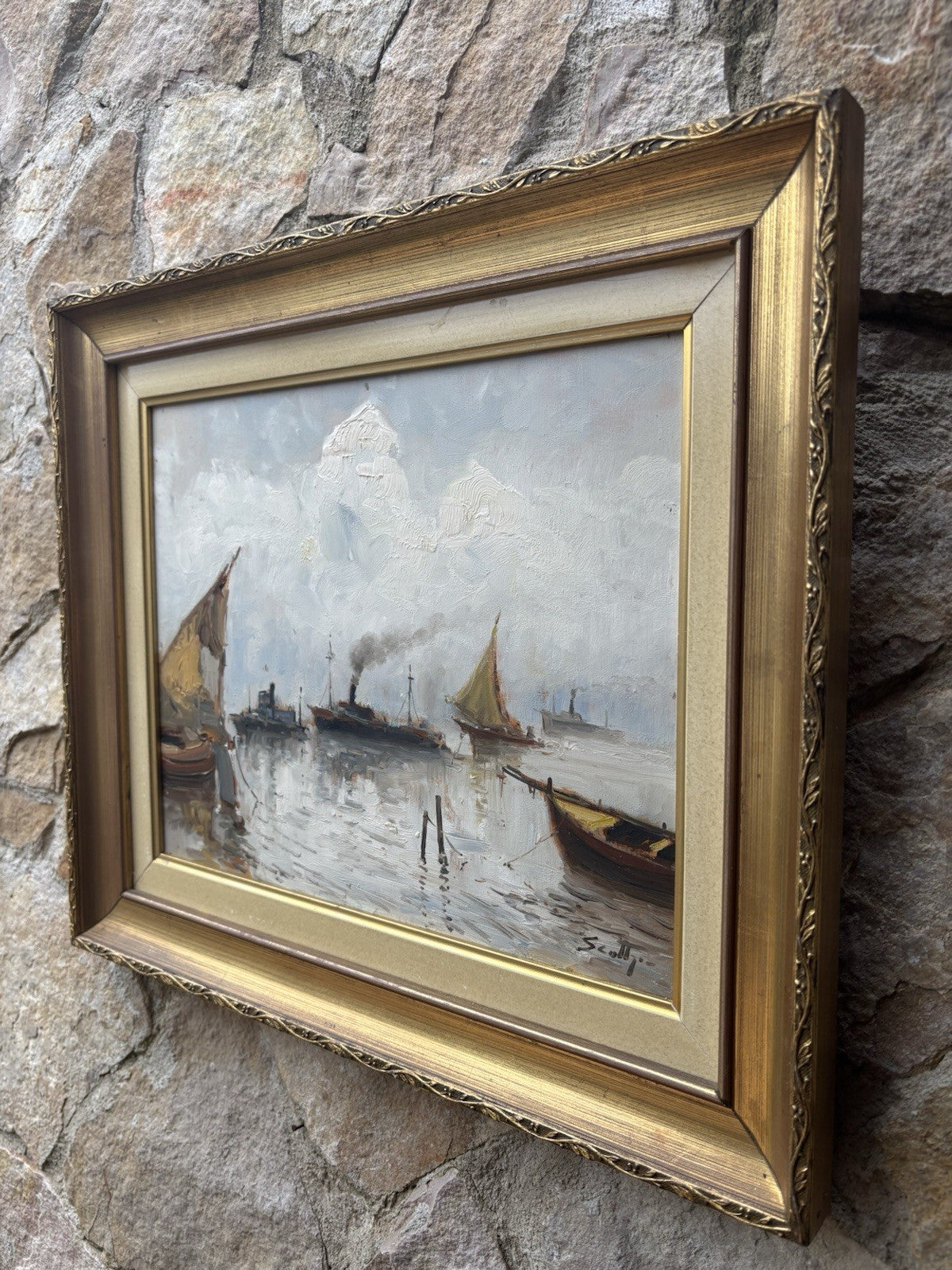 Quadro -Marina Con Barche- dipinto a olio