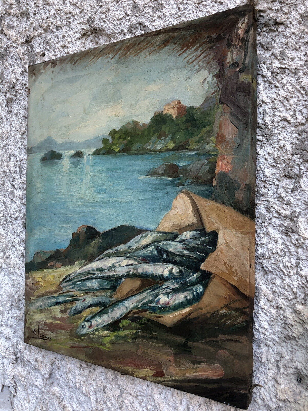 Quadro vintage -Paesaggio Con Natura Morta- dipinto a olio su tela