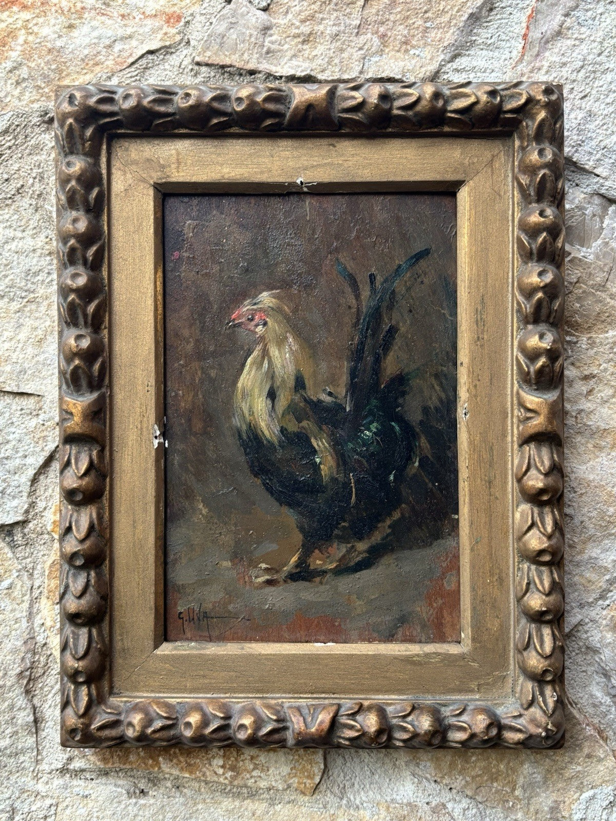 Quadro antico -Gallo- Giuseppe Uva dipinto a olio su tavoletta