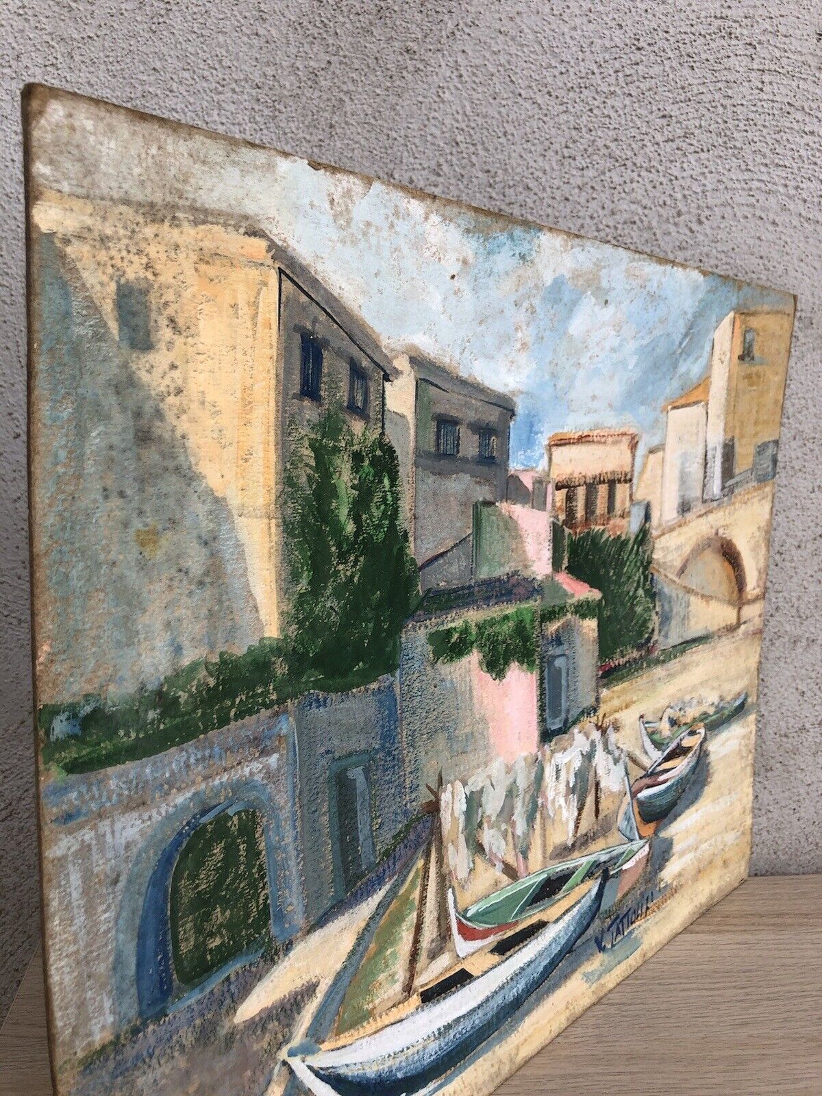 Quadro vintage -Barche A Riposo- dipinto a tecnica mista su cartoncino