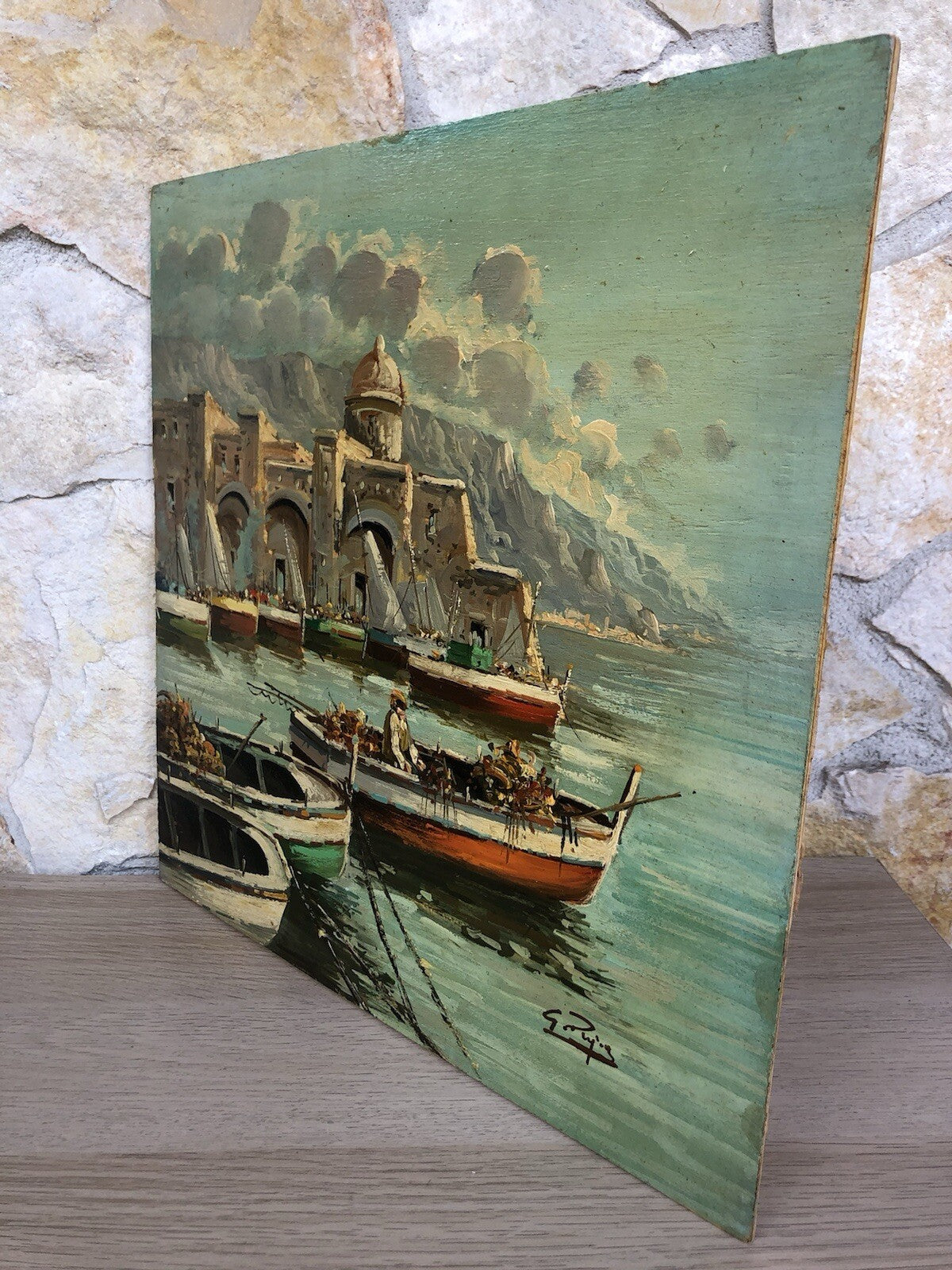 Quadro vintage -Marina Con Pescatori- dipinto a olio su tavoletta