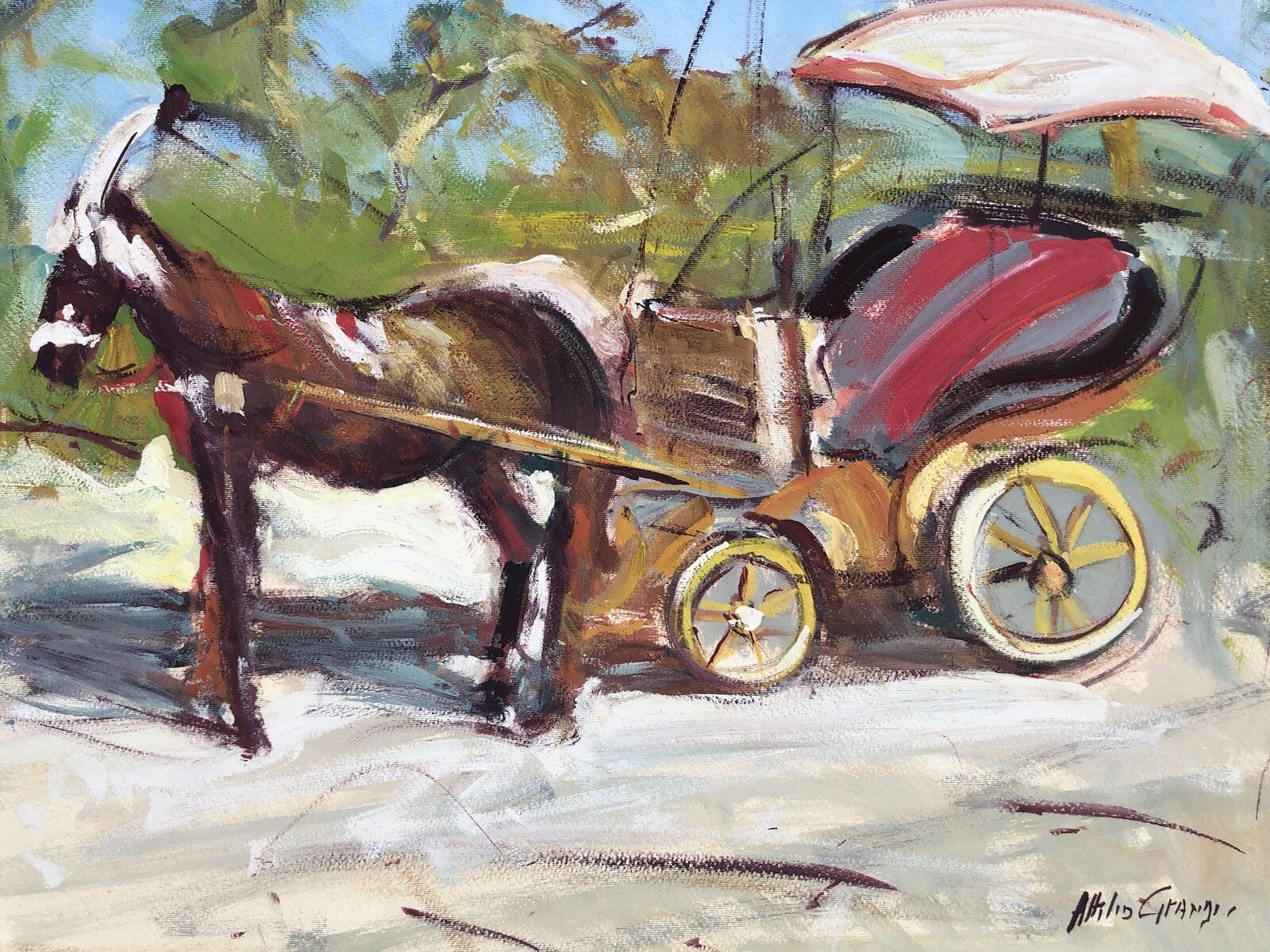 Quadro vintage -Carrozza Con Cavallo- dipinto a tecnica mista su cartoncino
