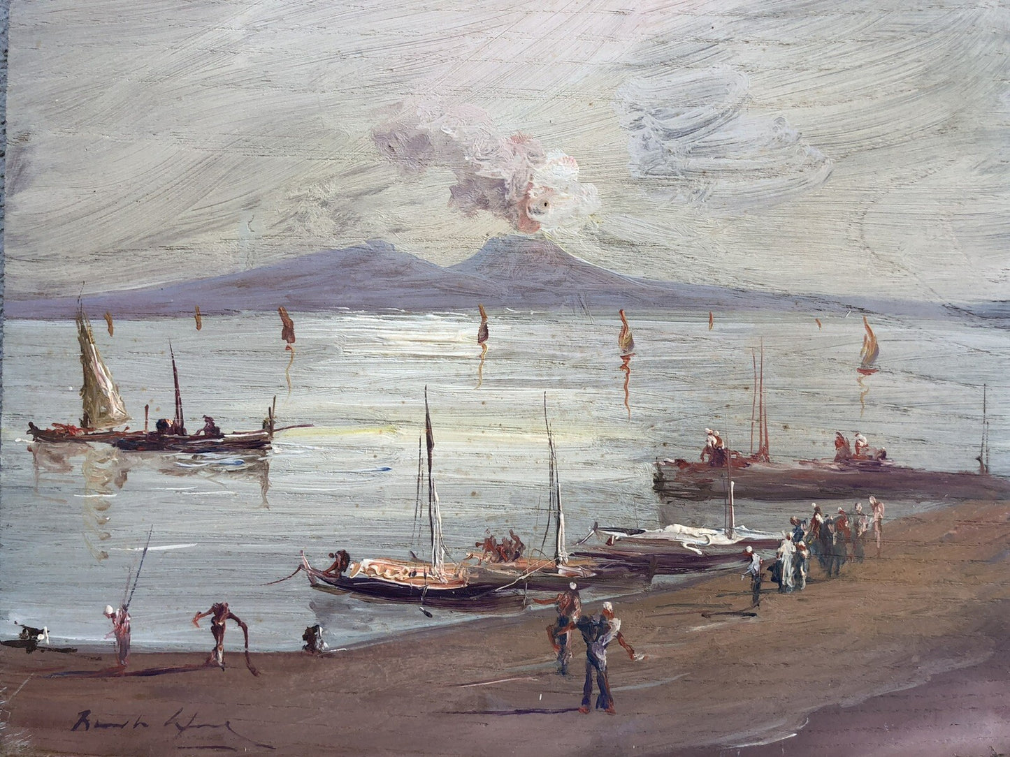 Quadro vintage -Marina Con Vesuvio- dipinto a olio su tavola