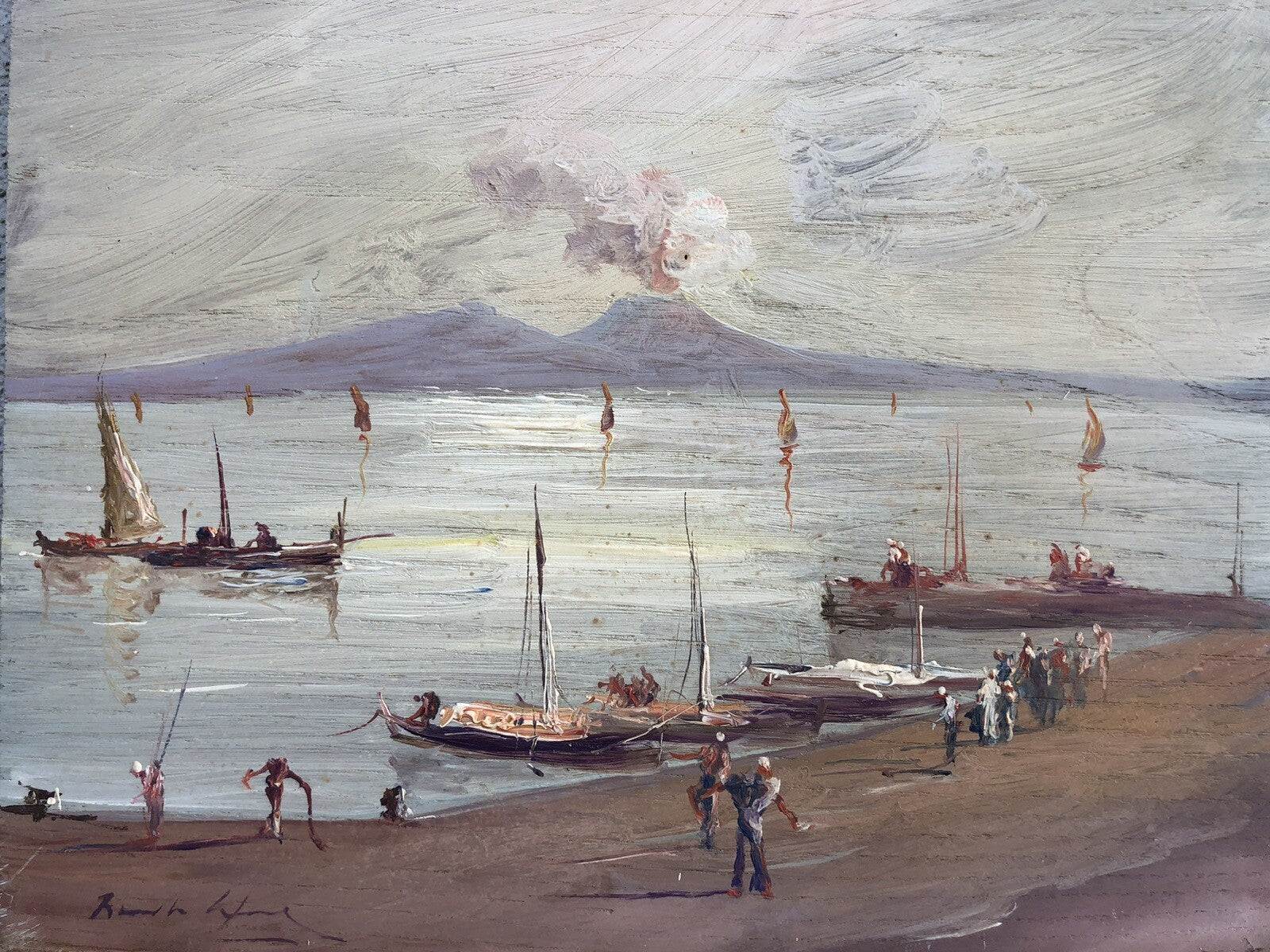 Quadro vintage -Marina Con Vesuvio- dipinto a olio su tavola