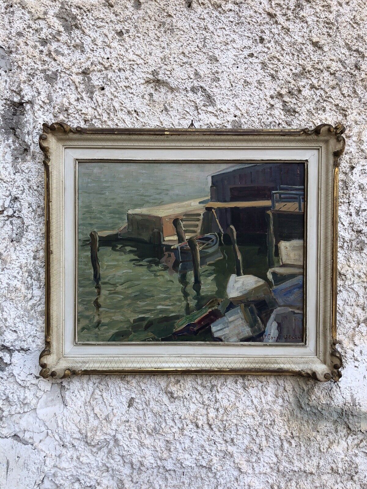 Quadro vintage francese -Barca Al Molo- dipinto a olio su tavoletta