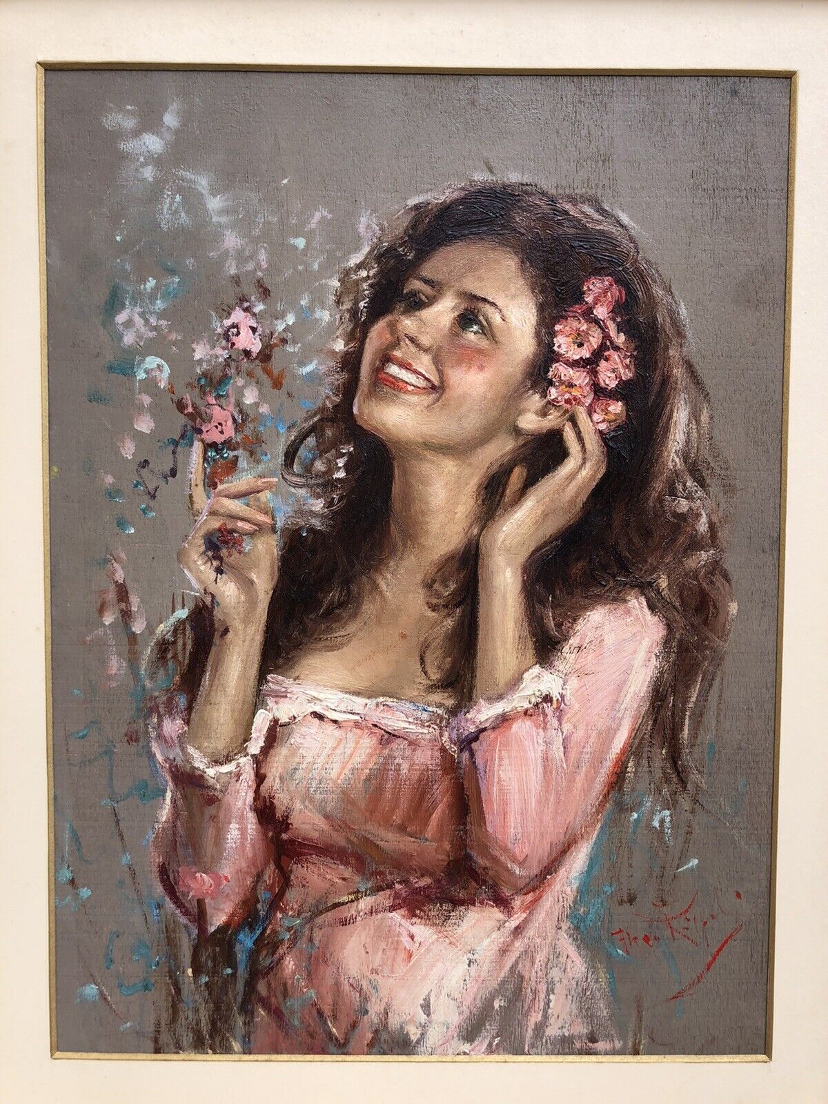 Quadro vintage -Fanciulla tra i fiori-dipinto a olio su tavola