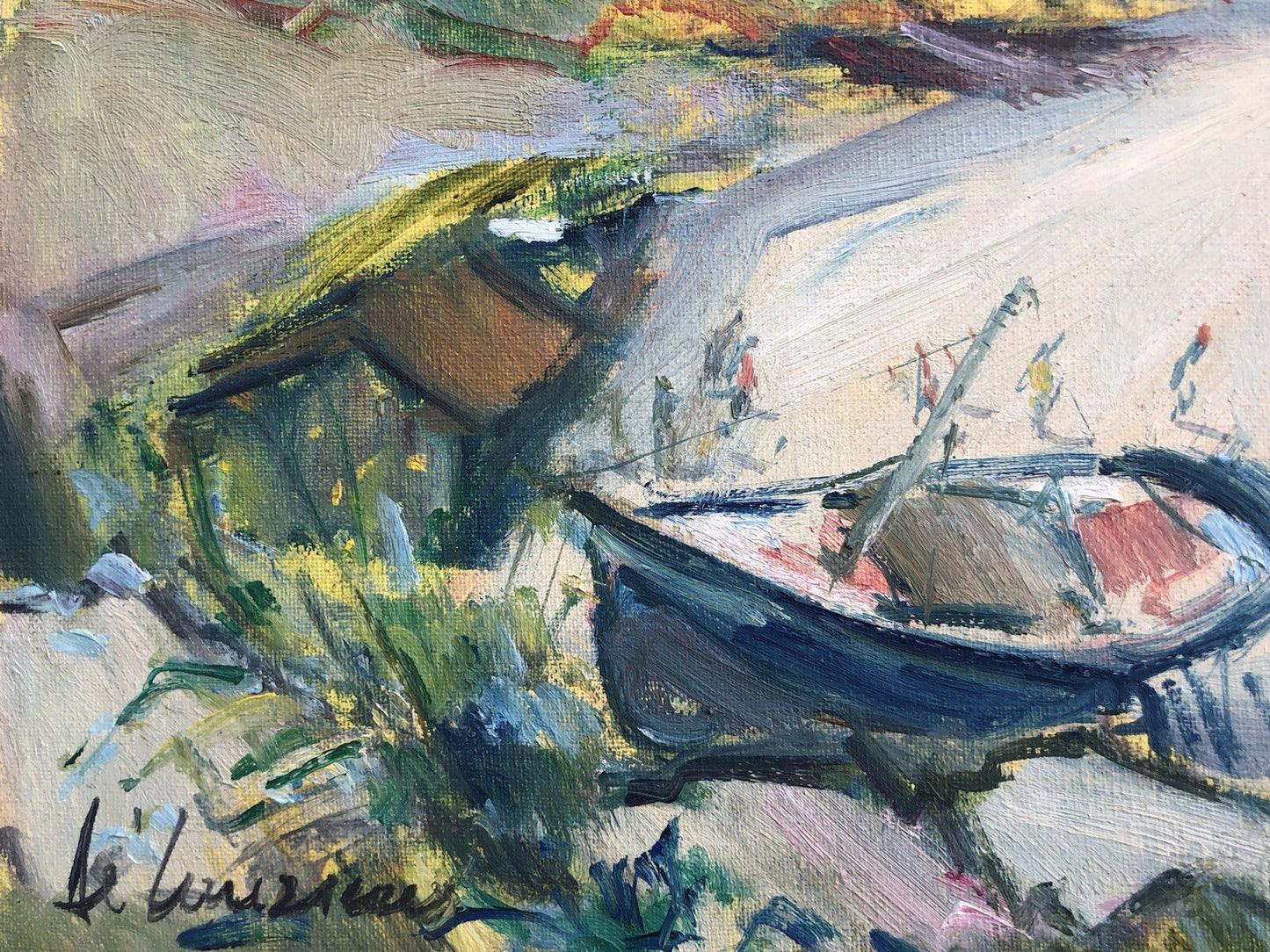 Quadro vintage -Porto Con Barche- dipinto a olio su tela
