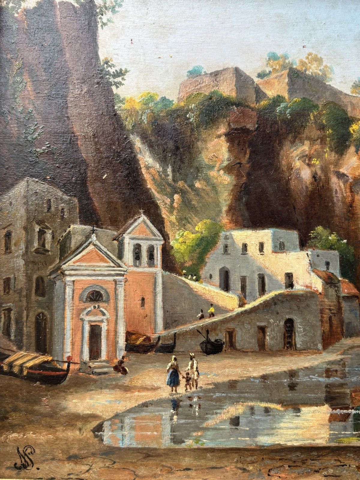 Quadro antico - Paesaggio Con Marina- dipinto a olio su tavola