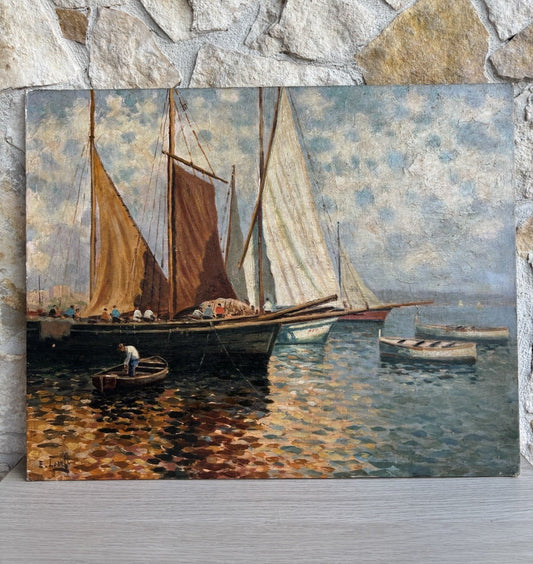 Quadro -Marina Con Barche- Ernesto Loreto dipinto a olio