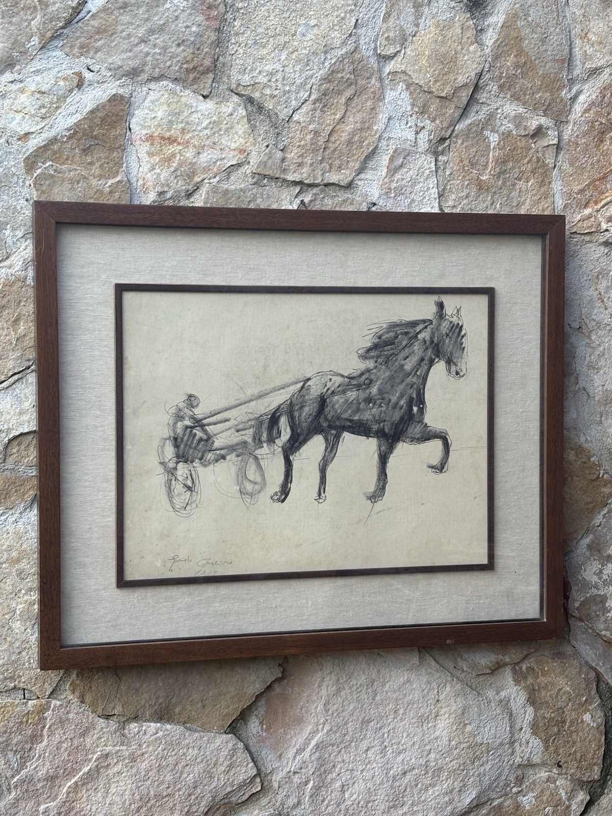 Quadro -Calesse Con Cavallo- Guido Casciaro disegno su carta