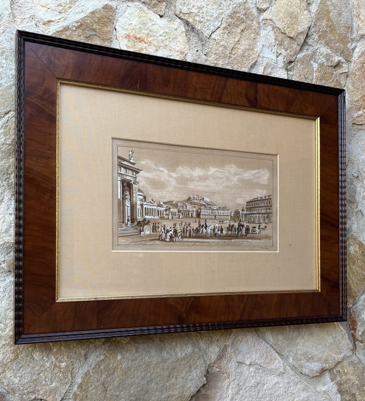 Quadro antico -Napoli, Piazza Plebiscito- realizzato a tecnica mista su carta