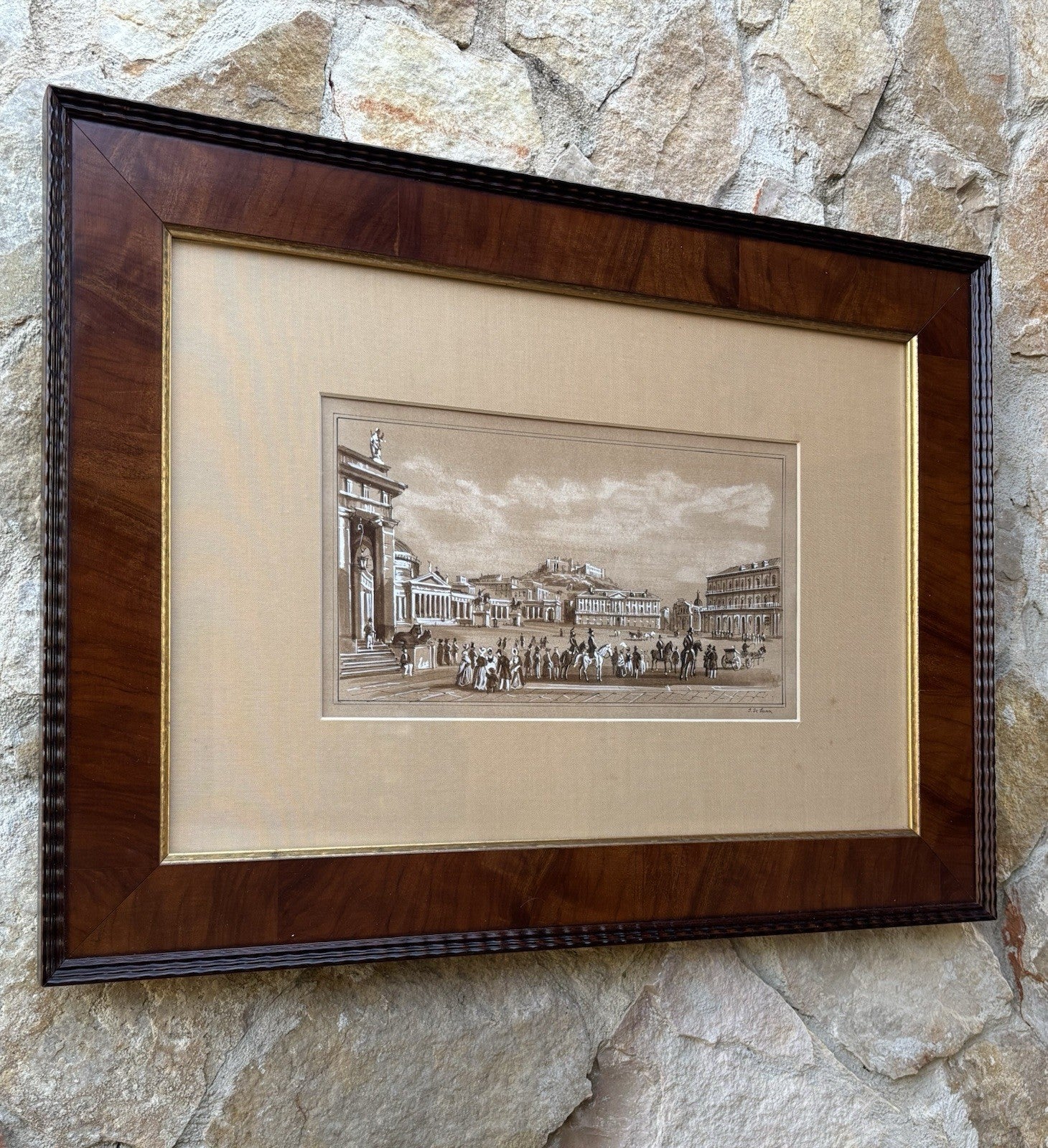 Quadro antico -Napoli, Piazza Plebiscito- realizzato a tecnica mista su carta