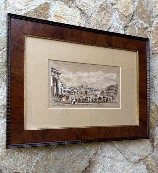 Quadro antico -Napoli, Piazza Plebiscito- realizzato a tecnica mista su carta