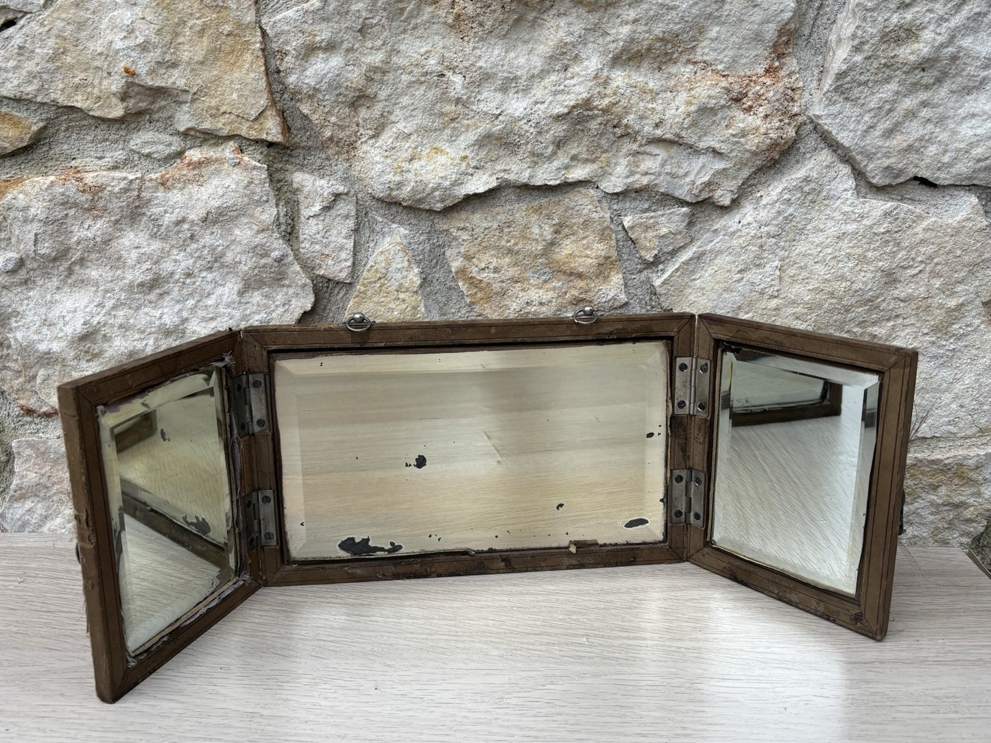 Specchio Trittico Da Barbiere Vintage In Legno Con Vetro Molato