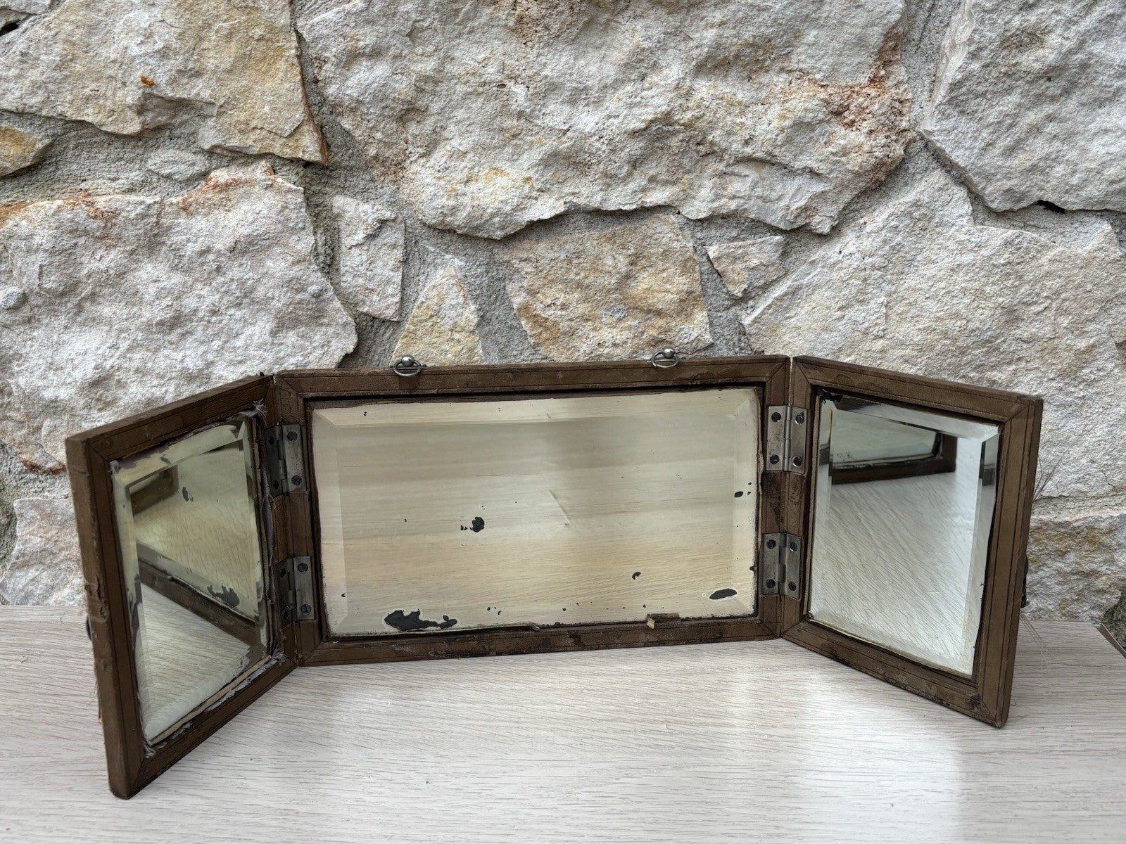 Specchio Trittico Da Barbiere Vintage In Legno Con Vetro Molato