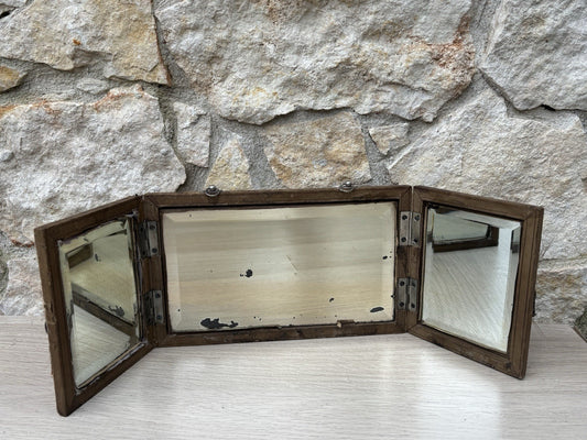 Specchio Trittico Da Barbiere Vintage In Legno Con Vetro Molato