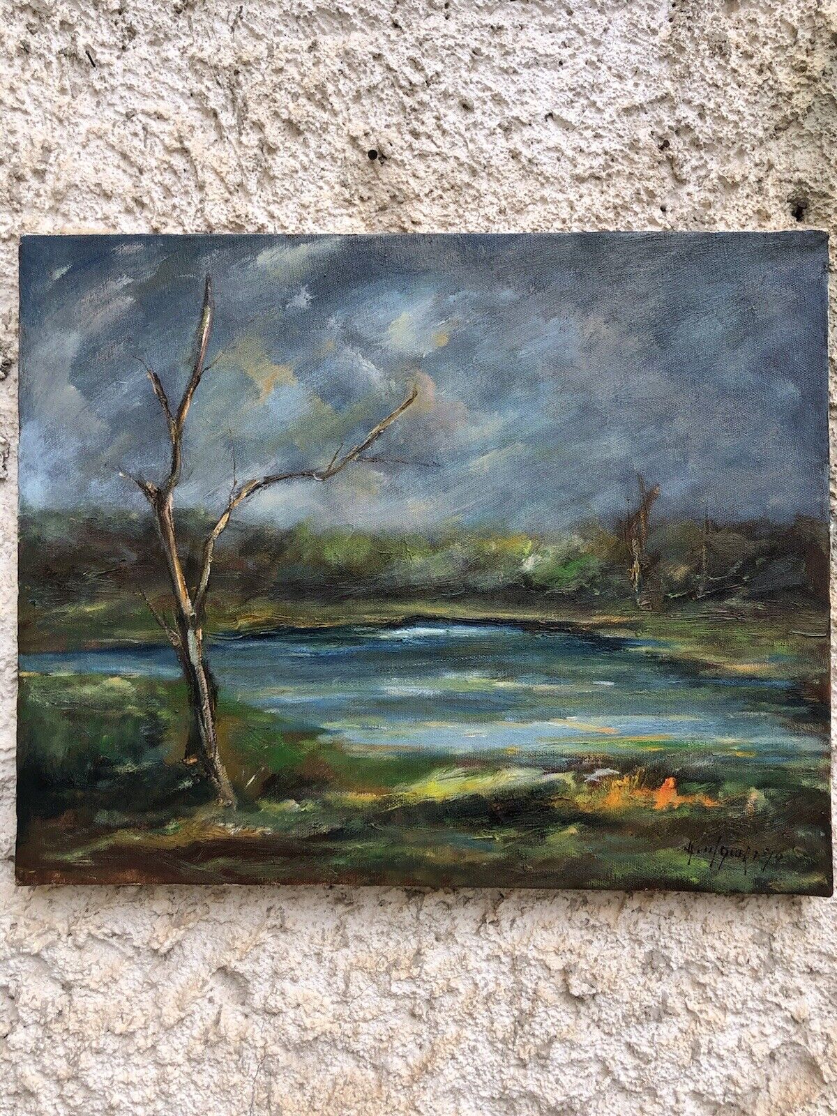 Quadro vintage -Paesaggio Con Lago- dipinto a olio su tela