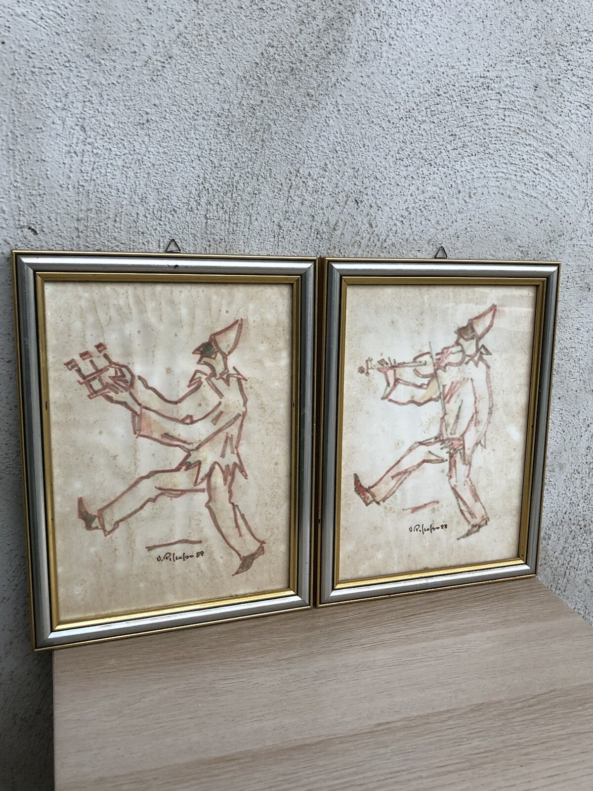 Coppia di quadri -Pulcinella- Vittorio Pisco a tecnica mista su carta