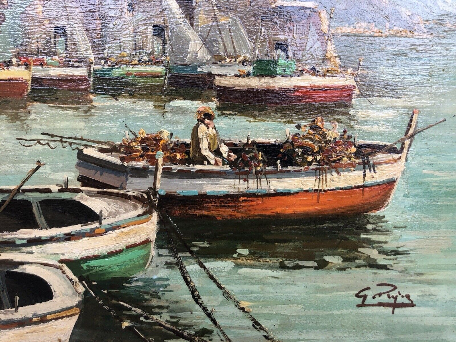 Quadro vintage -Marina Con Pescatori- dipinto a olio su tavoletta