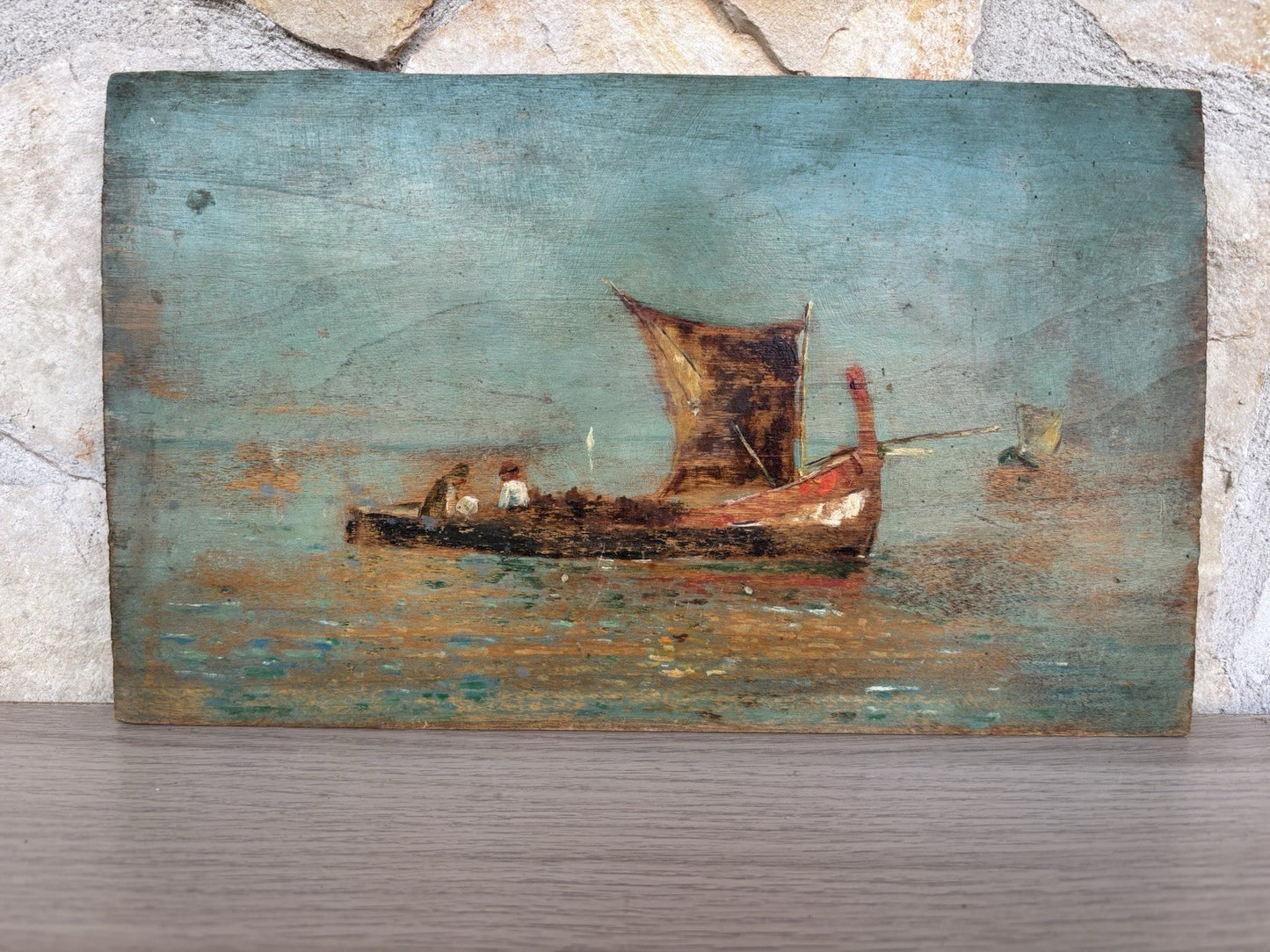 Quadro antico -Marina Con Barche- dipinto a olio su tavola