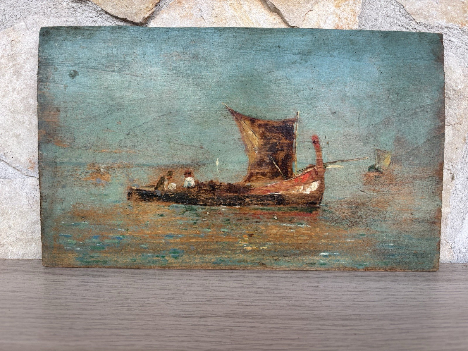 Quadro antico -Marina Con Barche- dipinto a olio su tavola
