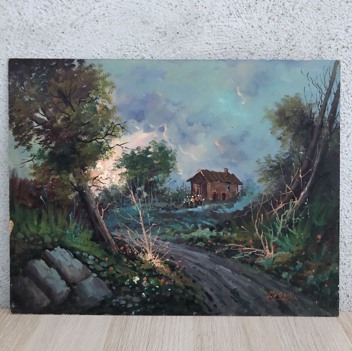 Quadro vintage -Paesaggio- dipinto a olio su masonite