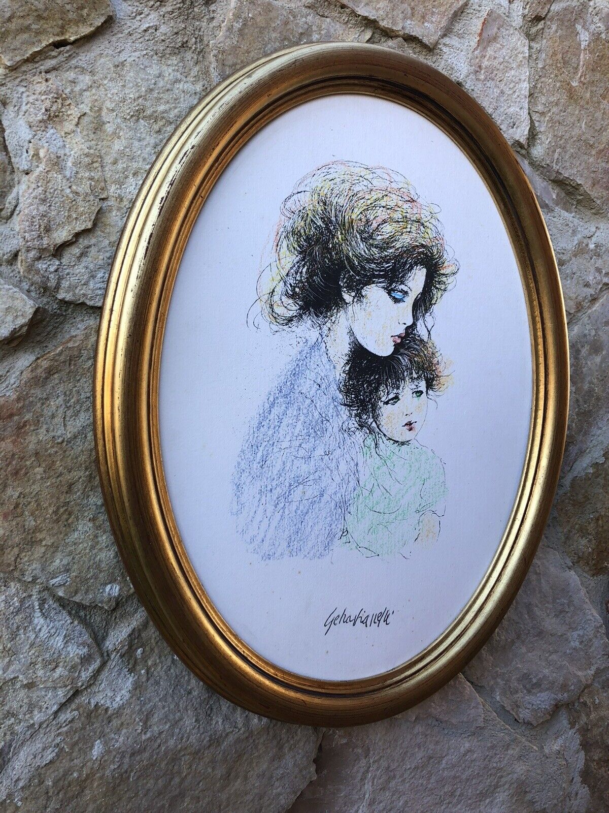Quadro Vintage Dipinto A Tecnica Mista Su Carta -Maternità-