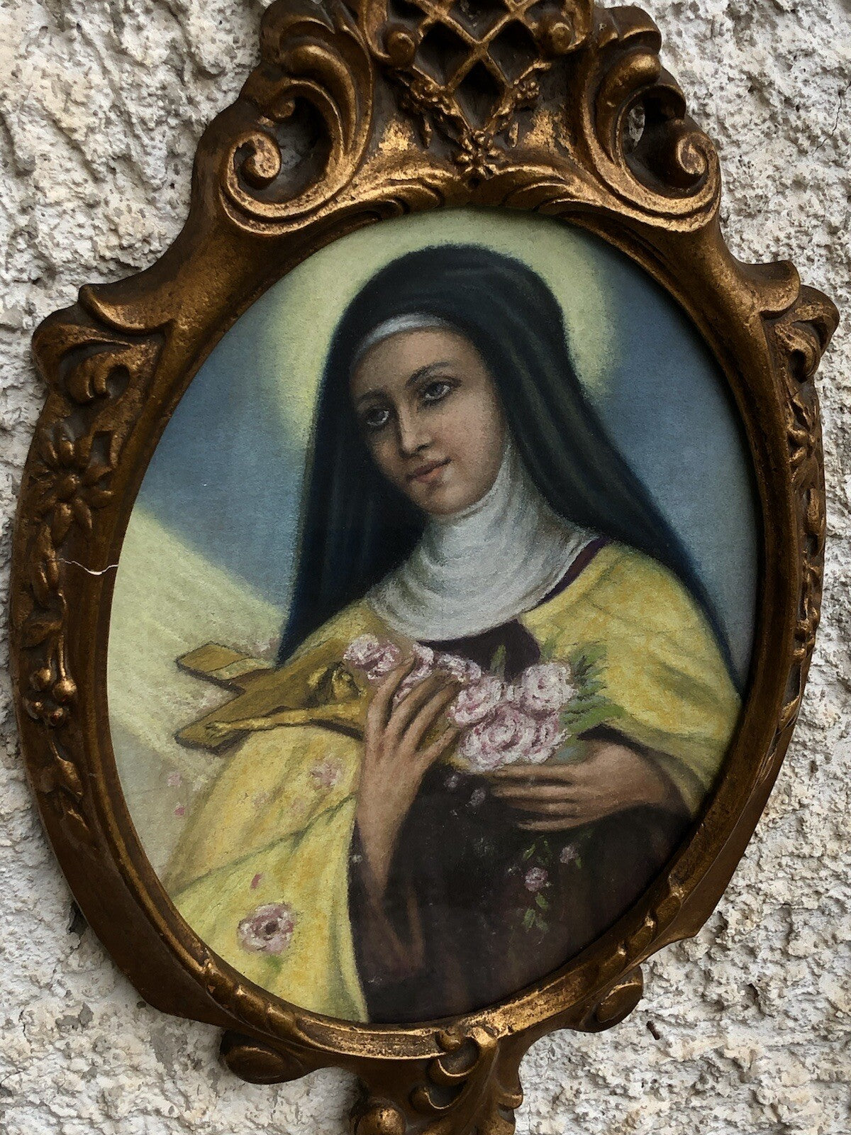 Quadro vintage -Santa Rita Da Cascia- realizzato  a pastello su cartoncino