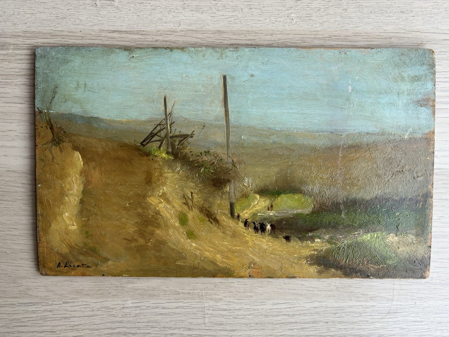 Quadro antico -Paesaggio Con Gregge- Augusto Licata dipinto a olio su tavola
