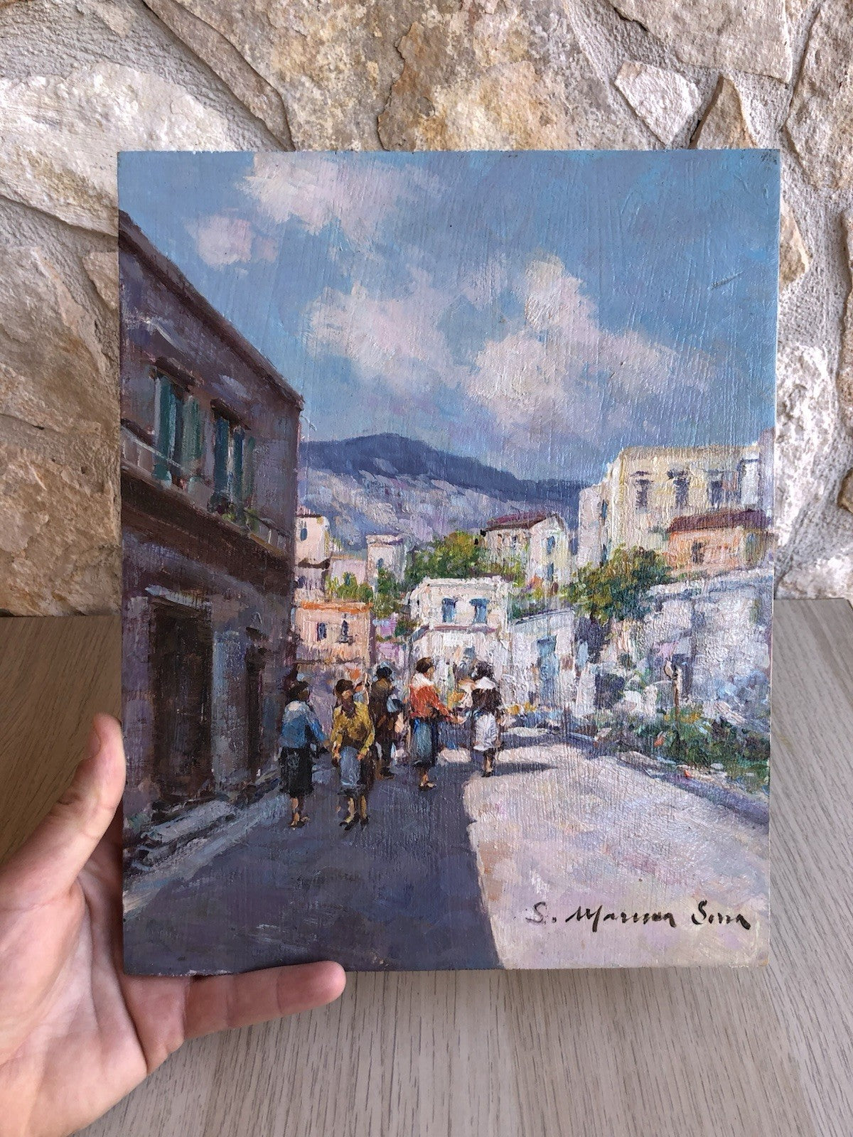 Quadro -Paesaggio Con Figure- dipinto a olio su tavoletta