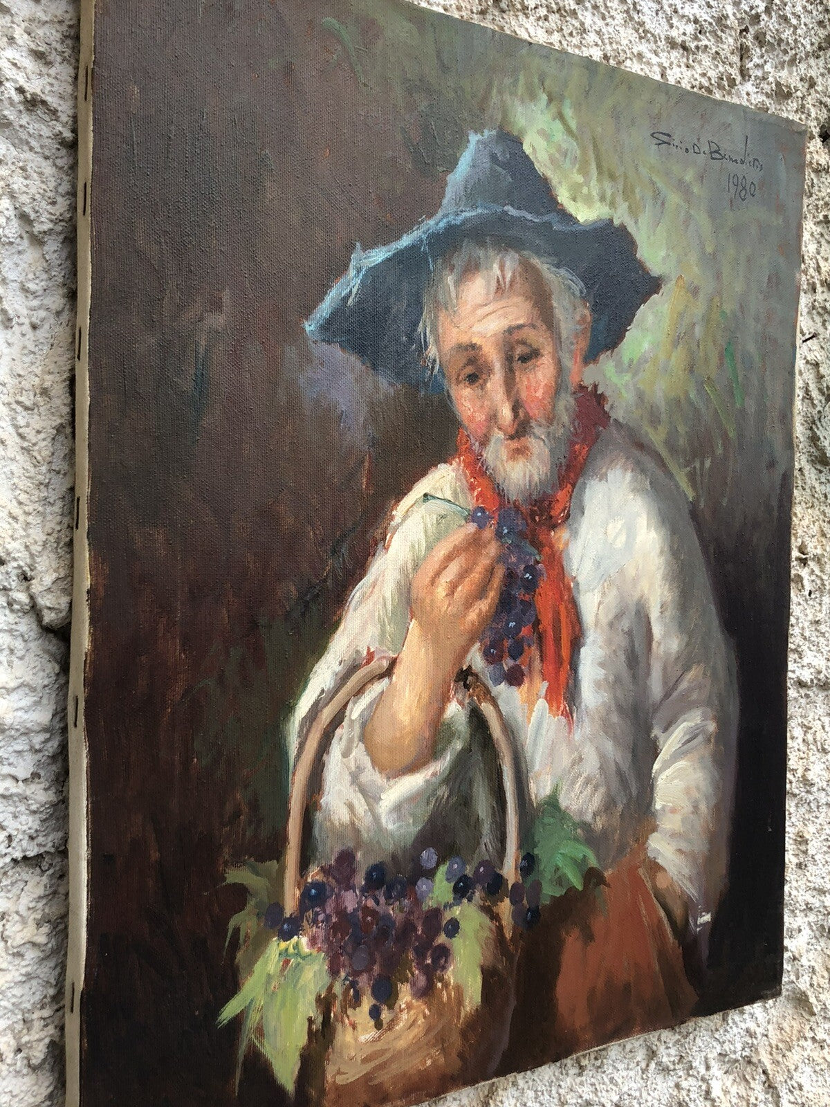 Quadro vintage -Contadino Con Uva- dipinto a olio su tela