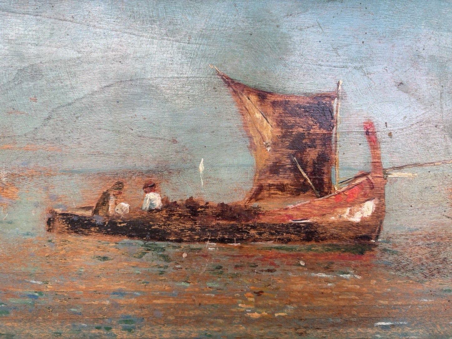 Quadro antico -Marina Con Barche- dipinto a olio su tavola