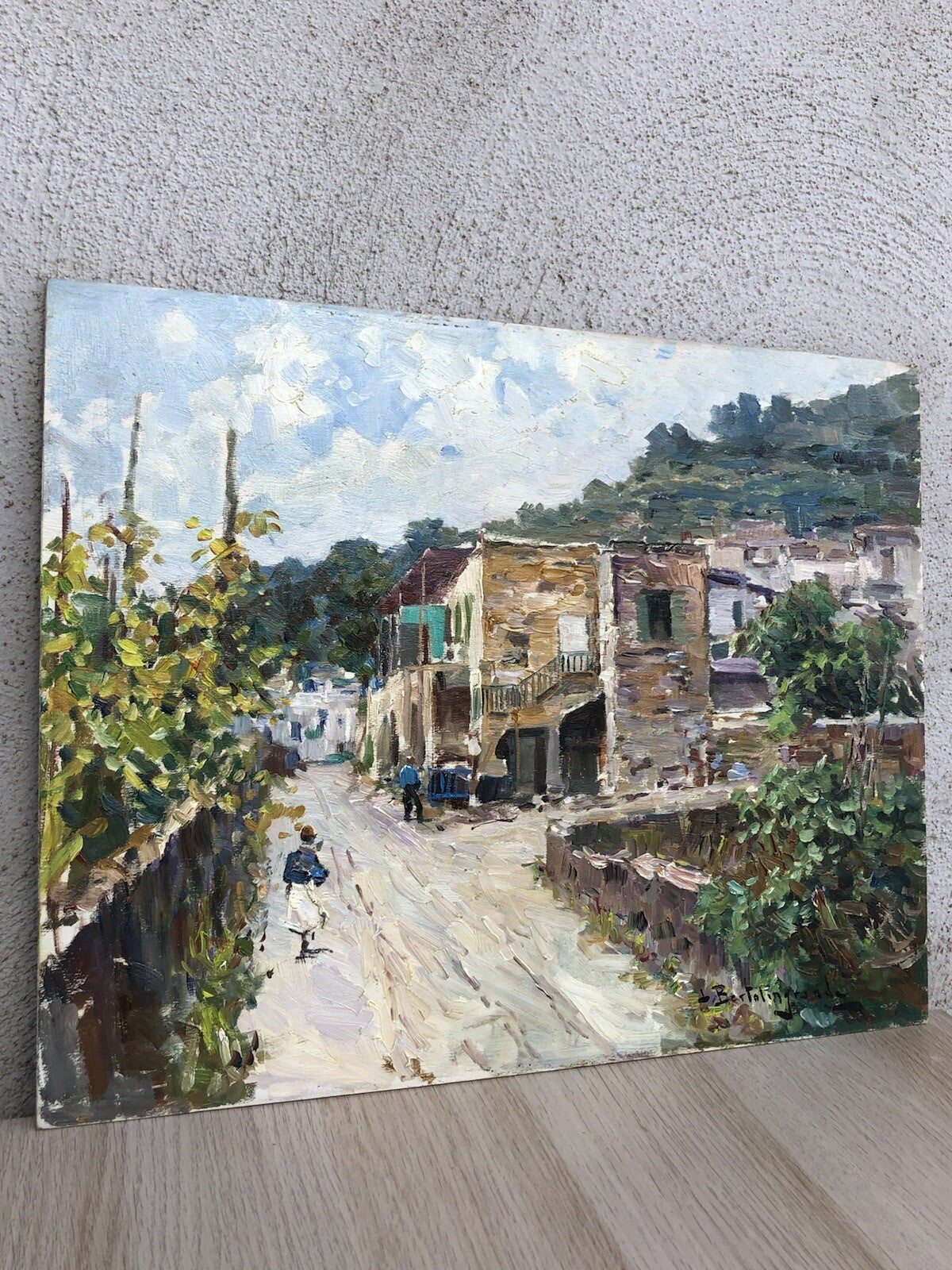 Quadro vintage -Paesaggio Con Case- dipinto a olio su tavoletta