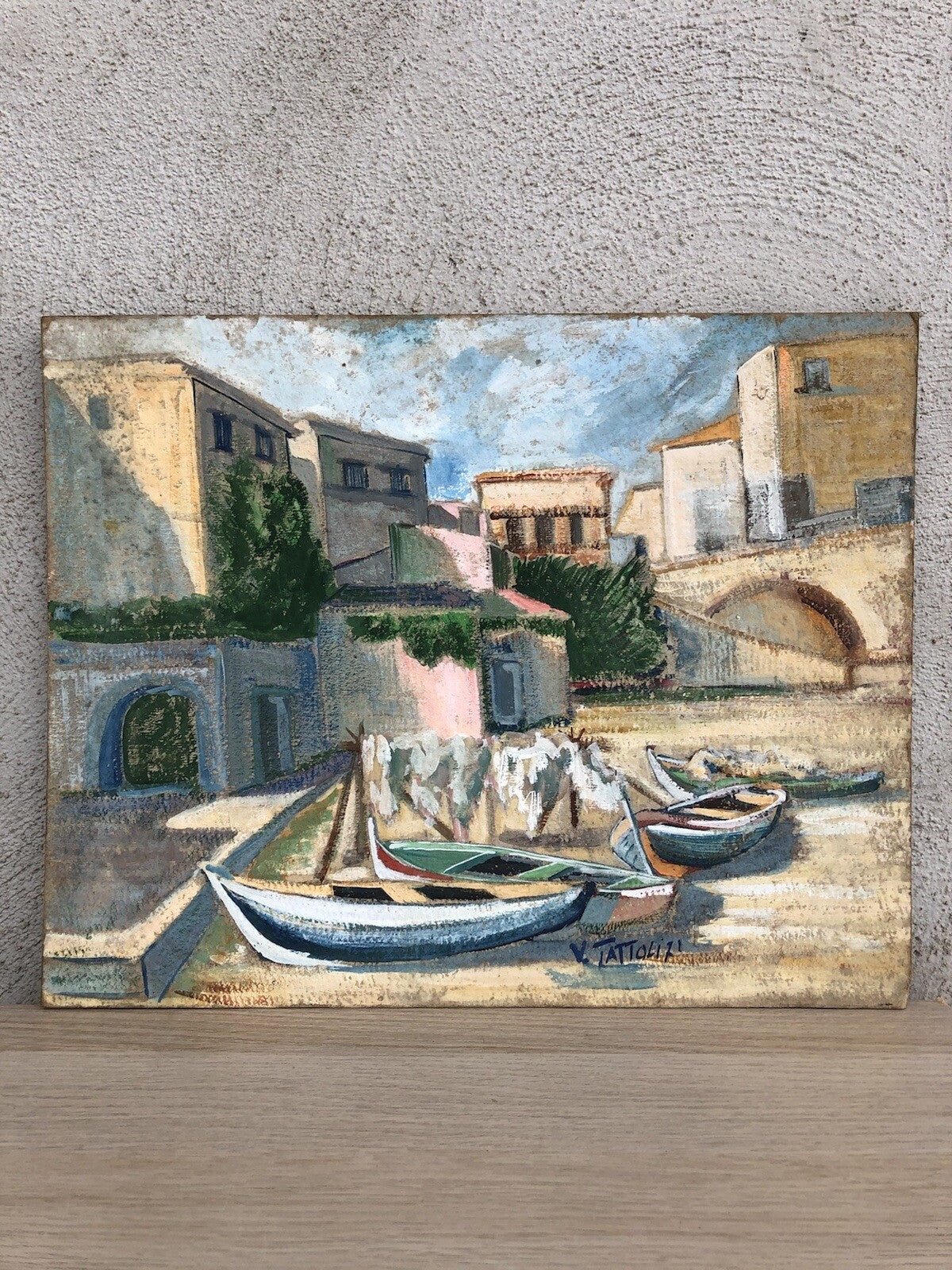 Quadro vintage -Barche A Riposo- dipinto a tecnica mista su cartoncino