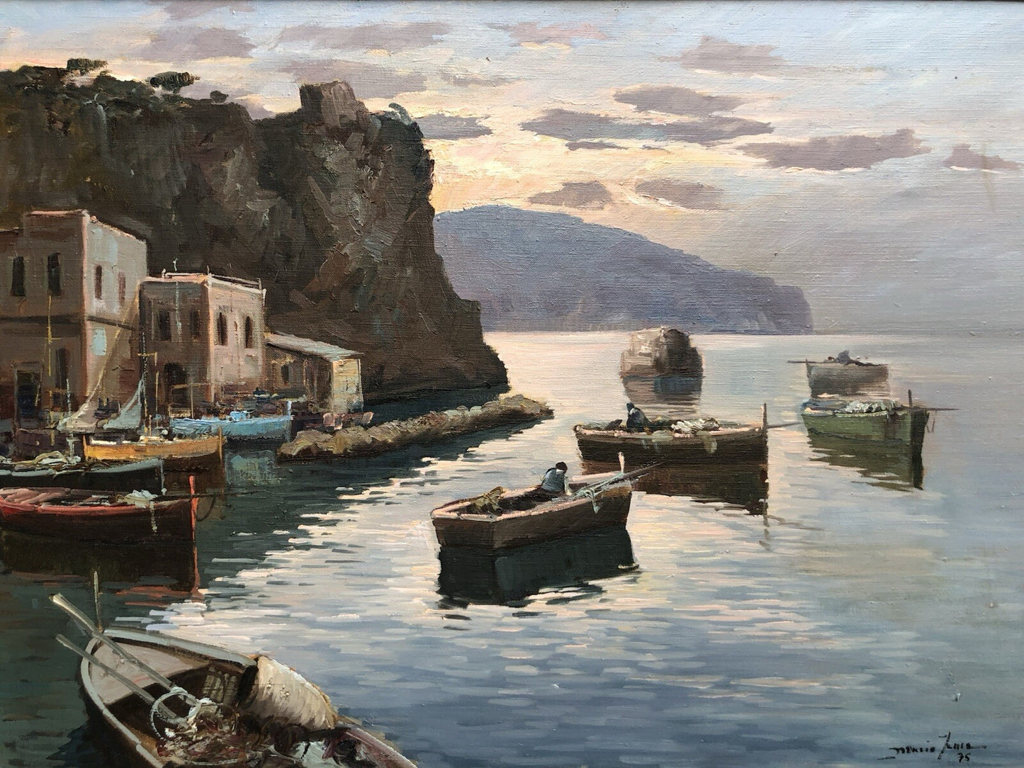 Quadro -Marina Di Procida Al Tramonto- dipinto a olio su tela